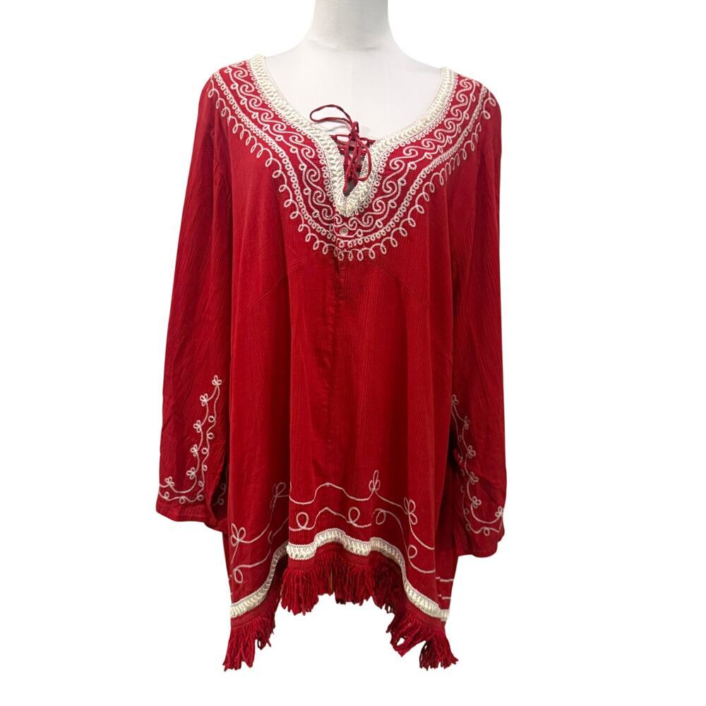 Boho Red White Embroidered Fringe Tunic Long Bell Sleeve Top Women 3x Resort - Picture 1 of 9